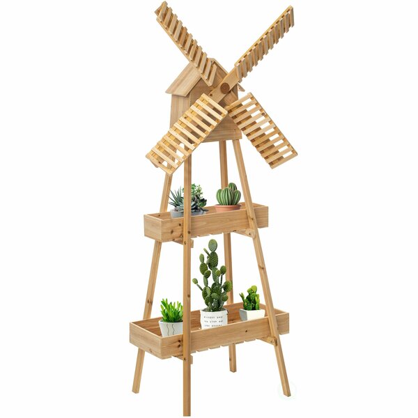 Vintiquewise Rustic Wooden Cart with Windmill Accent as a Unique Storage Solution for Home or Garden Tools QI004600